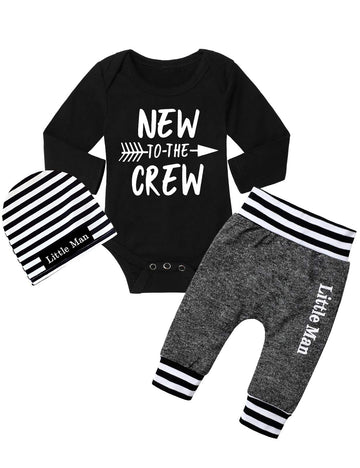 Baby Boy Clothes 0-3 Months Infant Outfits New To The Crew Long Sleeve Romper+ Little Man Pants+ Striped Hat 3Pcs Baby Boy Fall