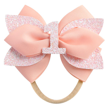 Glitter Birthday Hair Bow for Baby Girls 1 2 3 4 5 6 Years Peach Party Decoration Hair Accessories Headband for First 1st One Bi