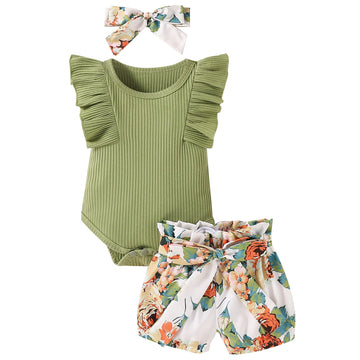 Baby Girl Clothes Infant Summer Outfits Set Ruffle Sleeve Romper Floral Pants 3Pcs Bodysuit +Shorts +Headband (Green, 0-3 Months