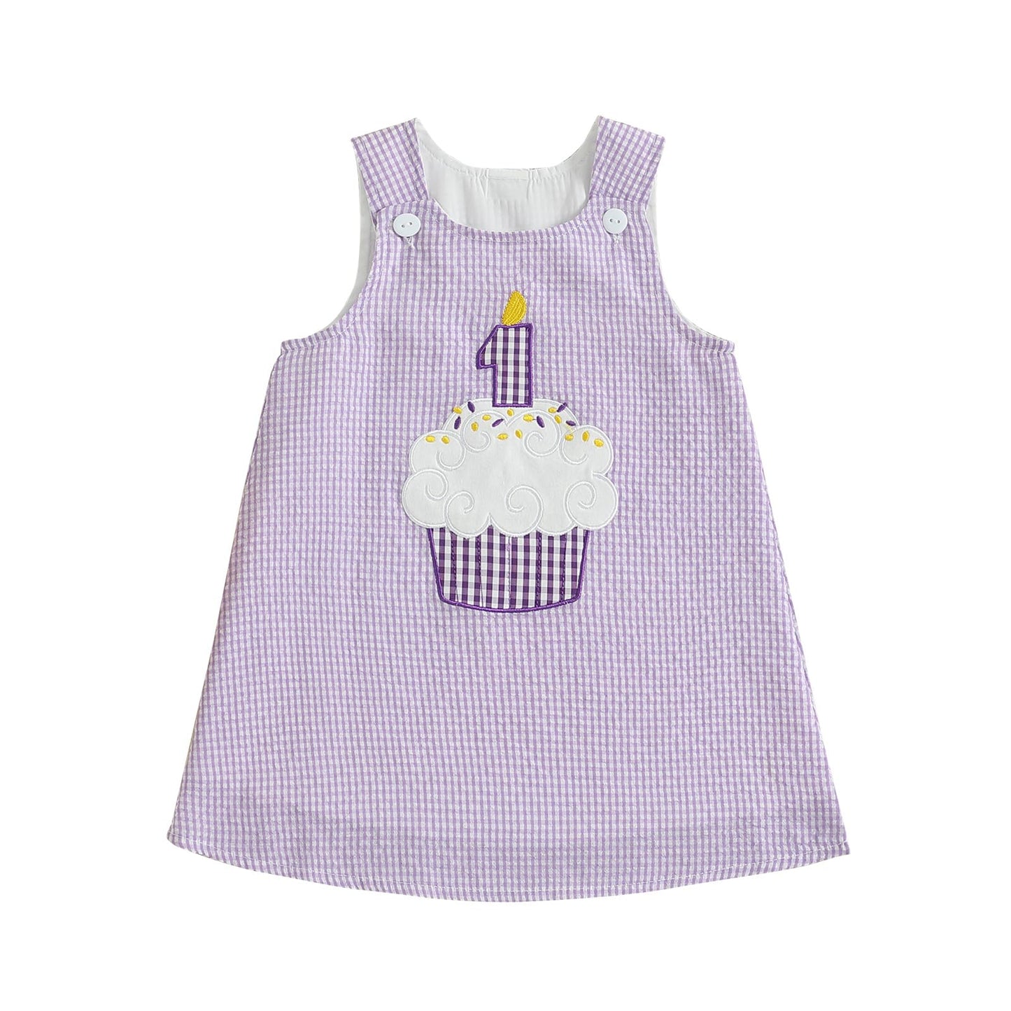 Baby Girl First Birthday Outfit 1 Cake Embroidery One Year Old Birthday Dress Smash Cake Dresses (Plaid Purple, 12-18 Months)