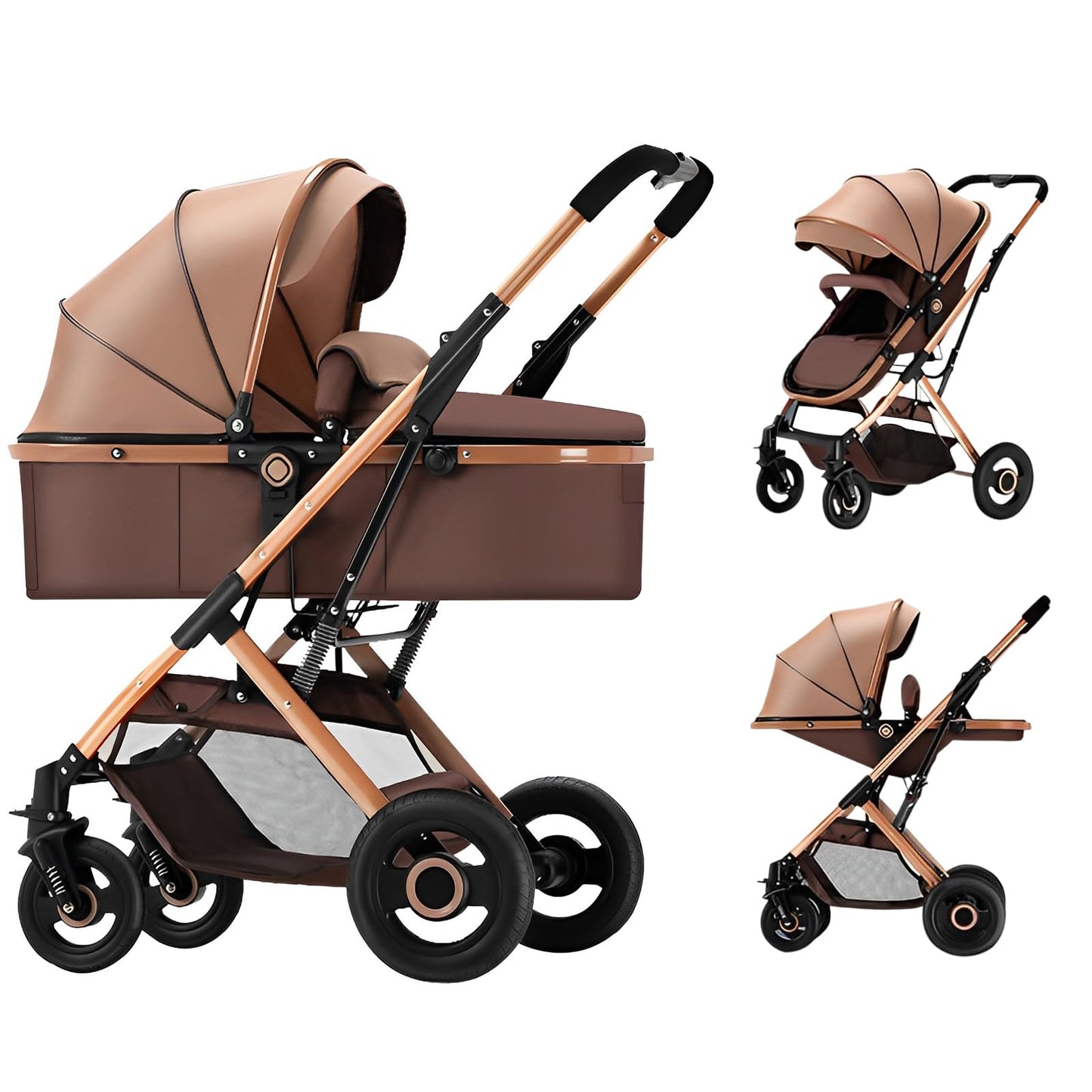 2 In 1 Convertible Baby Stroller Newborn Reversible Bassinet Pram, Foldable Pushchair With Adjustable Canopy Folding High Landsc