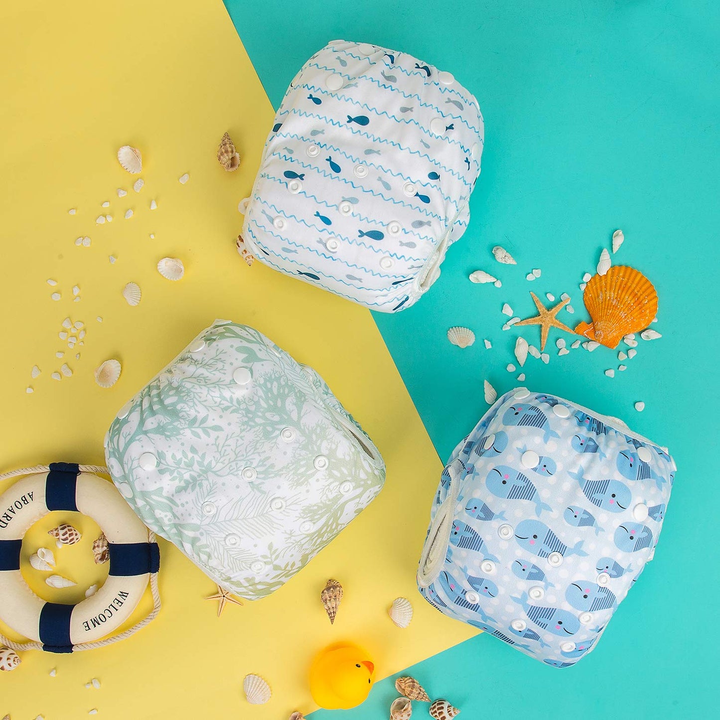 Alvababy 3Pcs Swim Diapers Baby & Toddler Snap One Size Reusable Adjustable Baby Boy Large Fish&Sea-Plant 3Zswy02