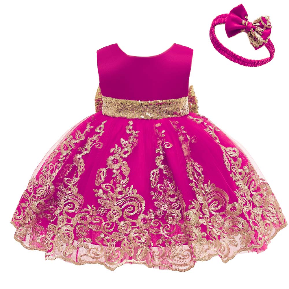 Cmmchaah Princess Girls Lace Embroidery Bow Toddler Dresses Cute Sleeveless New Year Prom Frocks For Baby (Rose,110)