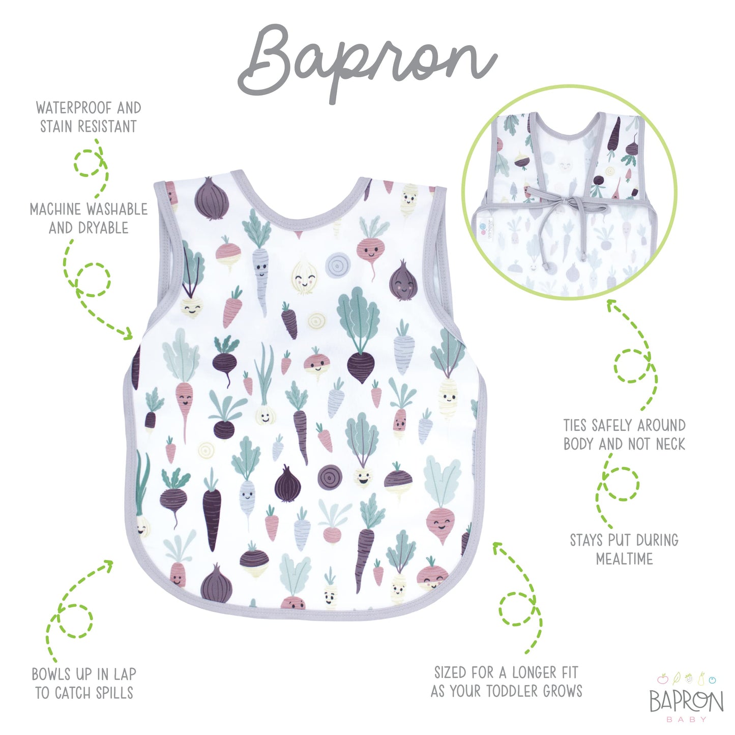 Bapronbaby Root Veggies Bapron - No Neck Tie Safer Bib For Baby & Toddler - Soft Waterproof Stain Resistant - Machine Washable -