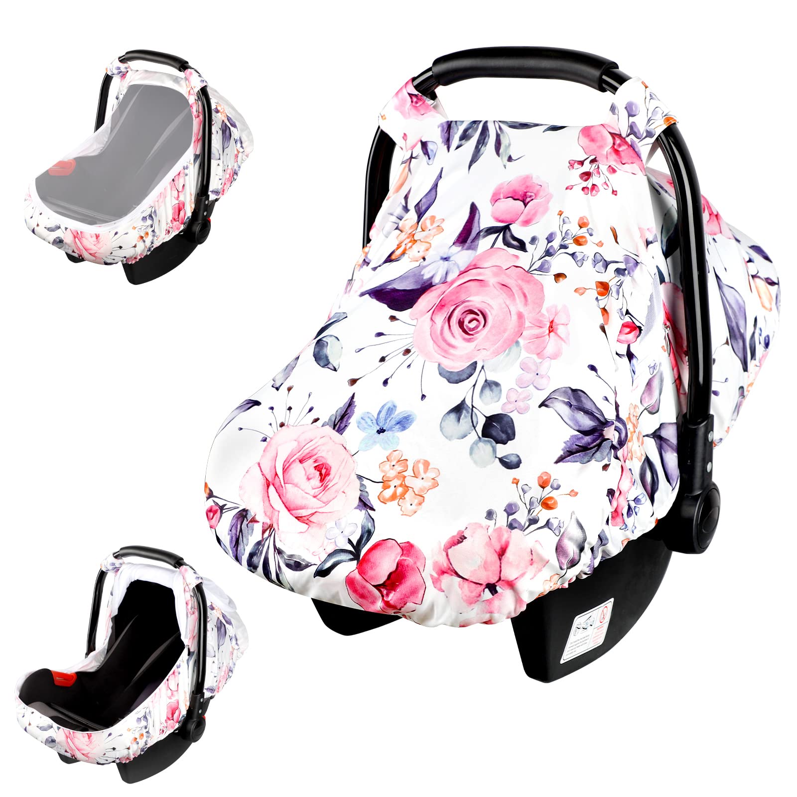 Floral Infant Car Seat Canopy With Peep Windows And Breathable Mesh, Kick-Proof, Soft Stretchy Baby Car Seat Cover For Newborns,