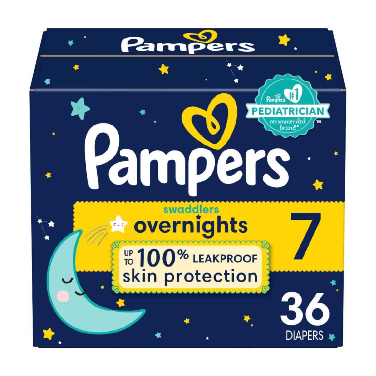 Pampers Overnight Diapers - Swaddlers Overnights - Size 7, 36 Count, Disposable Baby Diaper, Night Time Leak And Skin Protection