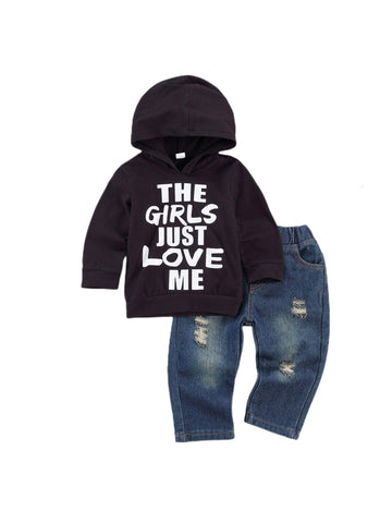 Fhutpw Toddler Baby Boy Outfits Hoodie Sweatshirts & Jeans Clothes Set Fall Winter 6 9 12 18 24 Months (A-Black, 2T / 3T)