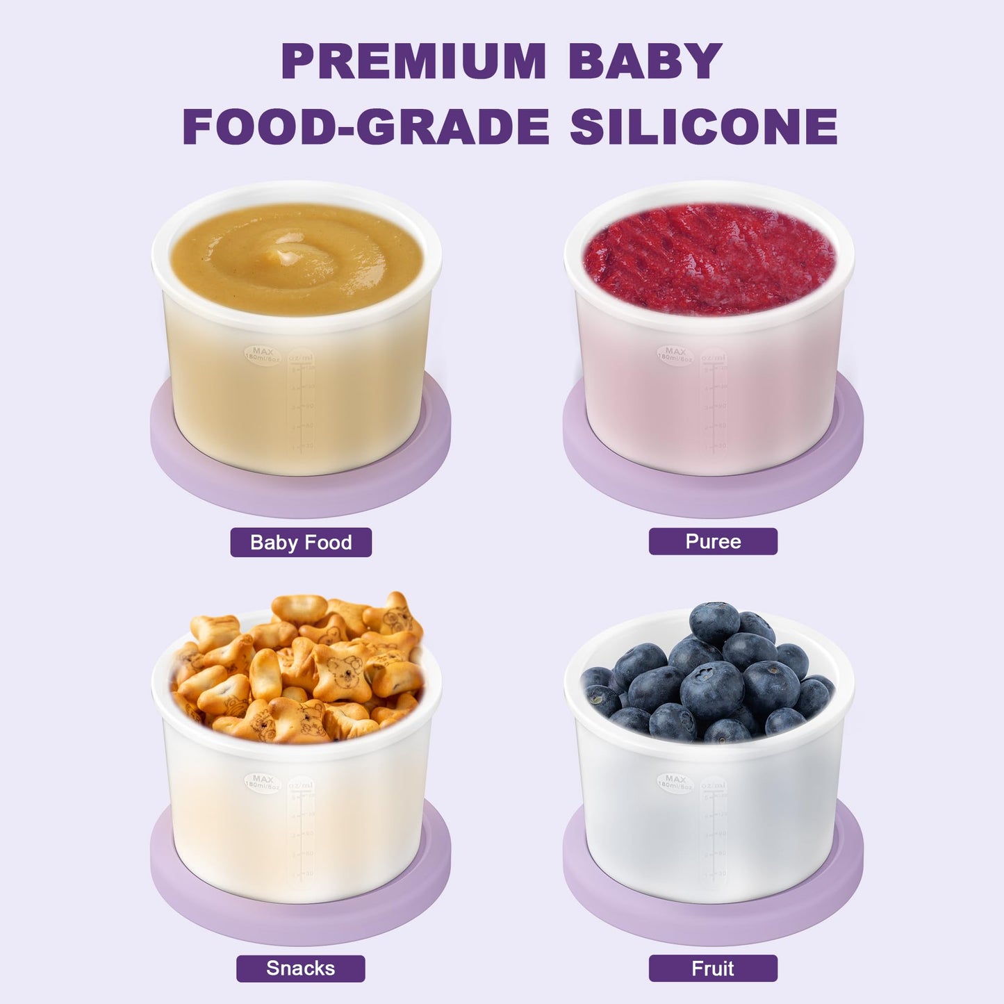 Btrfe Reusable Silicone Baby Food Containers With Date-Tracking Lids | 6-Pack Shatterproof, Freezer & Dishwasher Safe | 3 Sizes