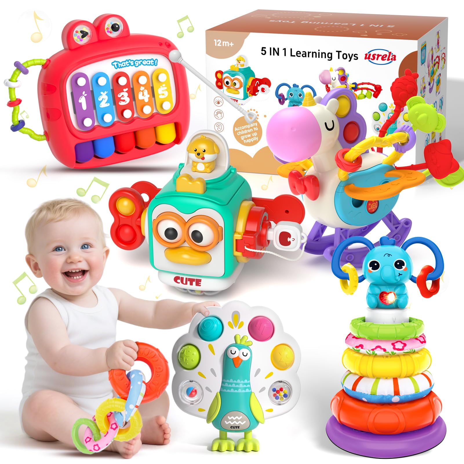 usrela 5 in 1 Baby Toys for 12 18 Month, Learning Toy for Babies 12-18 Months, Baby Busy Cube, Stacking&Sensory, Pull String&Pia