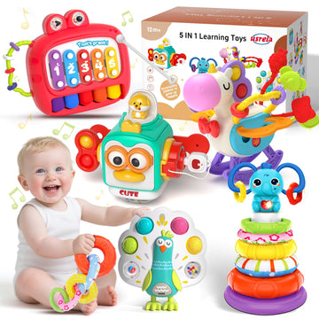 usrela 5 in 1 Baby Toys for 12 18 Month, Learning Toy for Babies 12-18 Months, Baby Busy Cube, Stacking&Sensory, Pull String&Pia