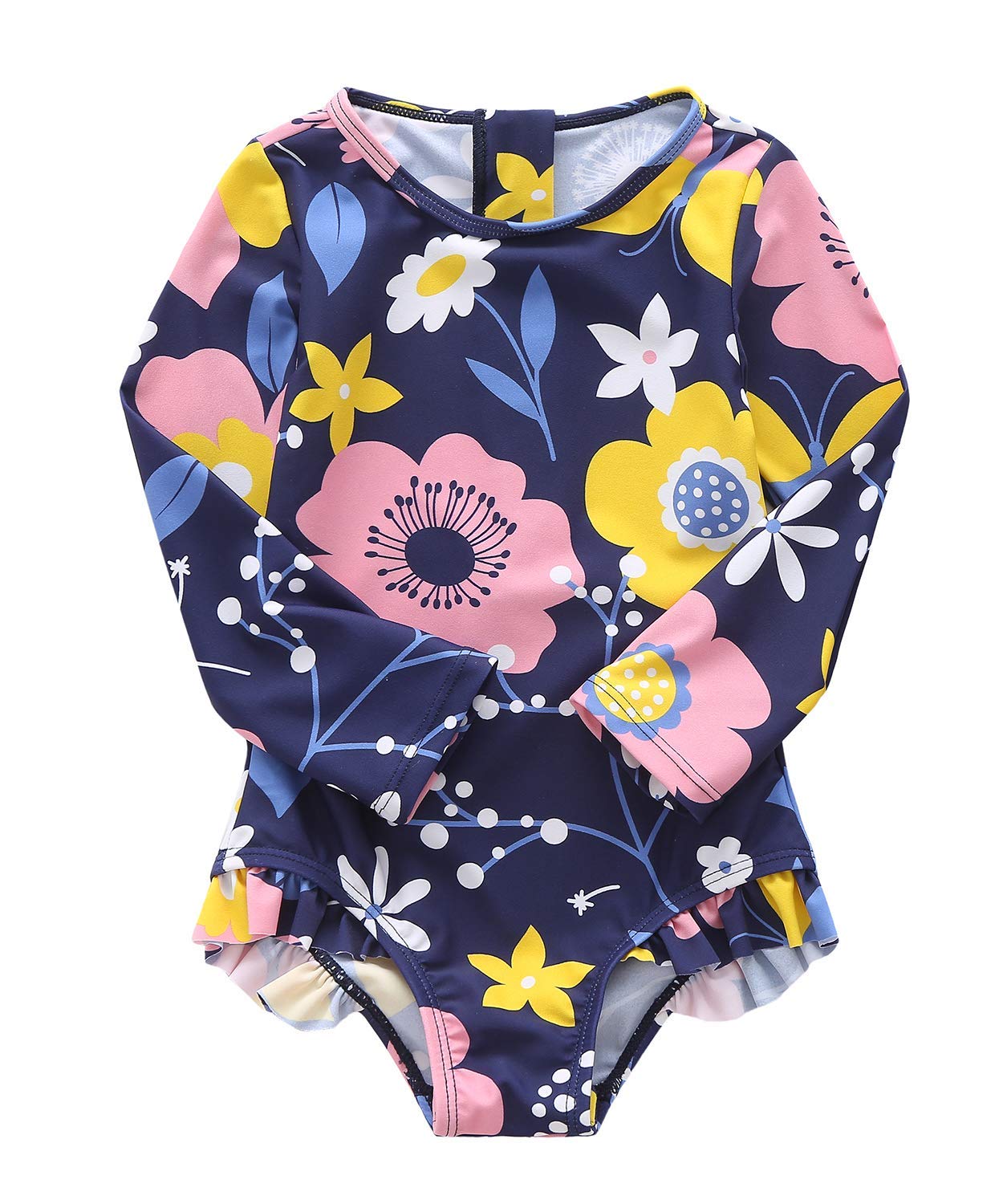 Baby Girls Long Sleeve Bathing Suits One Piece Swimsuits For Kids Sun Protection Rash Guard Swim Shirts Floral 18 Months
