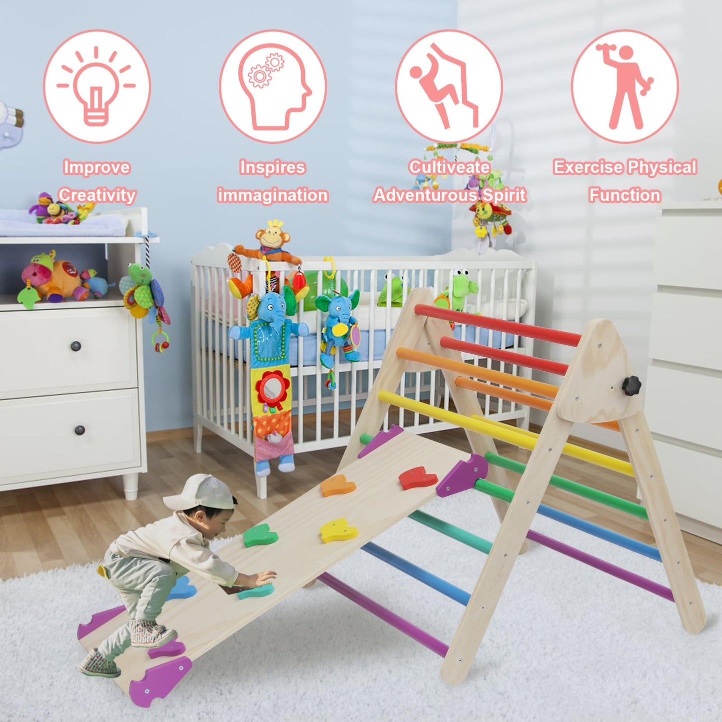 Edostory 5 In 1 Pikler Triangle Set, Indoor Playground And Gym For Kids, Foldable Wooden Montessori Climbing Set Triangle Ladder