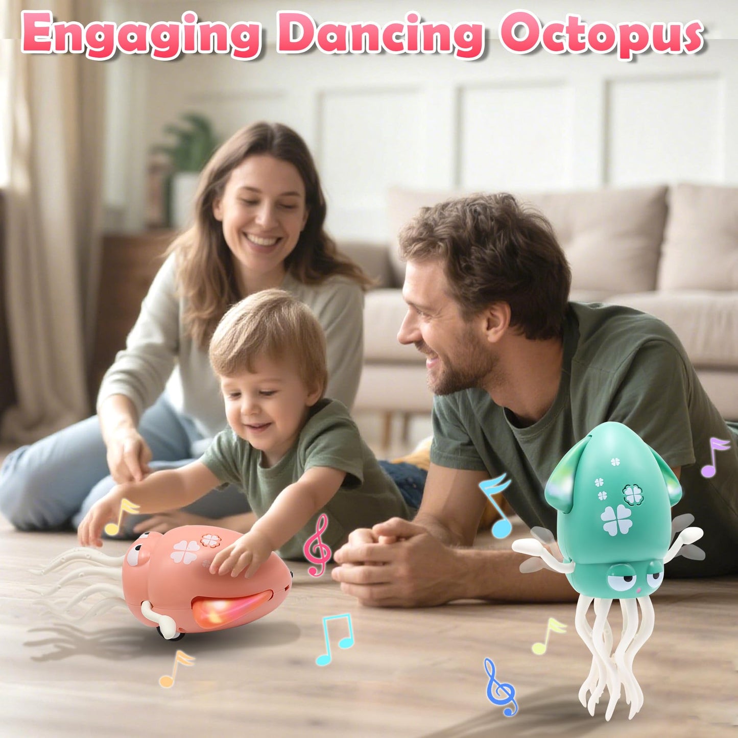 Pbooo Magic Dancing Octopus Toy, Electric Crawling with LED Lights and Music, Rechargeable Music Squid Baby Toy for 3-6 Year Old