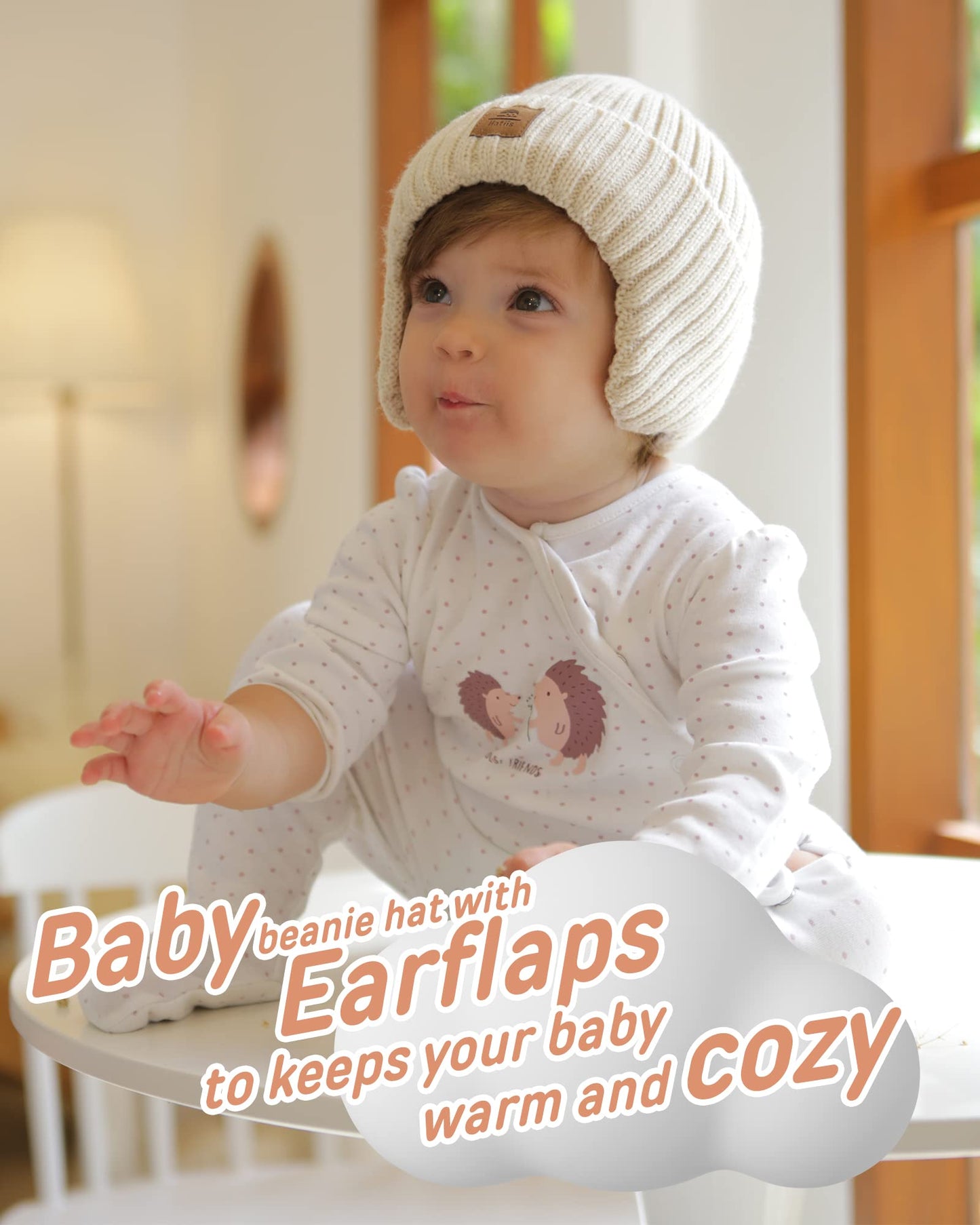 Baby Beanie Fleece Lined Toddler Winter Hat With Ear Flaps Little Girls Boys Warm Hats Cute Beanies For Kids Beige