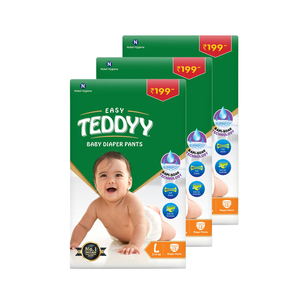 Teddyy Easy Baby L Size Diaper Pant Style| 36 Count (Large) | 914 Kg (Pack Of 3) | Long Protection Hours | AntiBacterial | Air