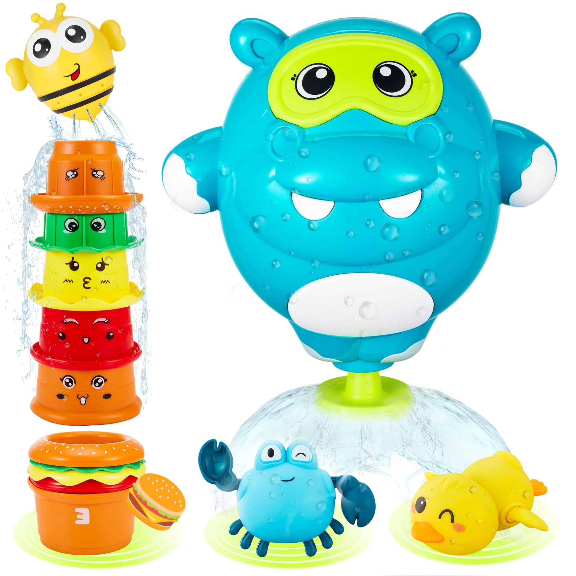 EKUEASYKU Bath Toys for Kids Ages 1-3 2-4 4-8 Hippo Toddler Bath Toys Water Toys with Burger Stacking Cups Swimming Duck Crab Ba