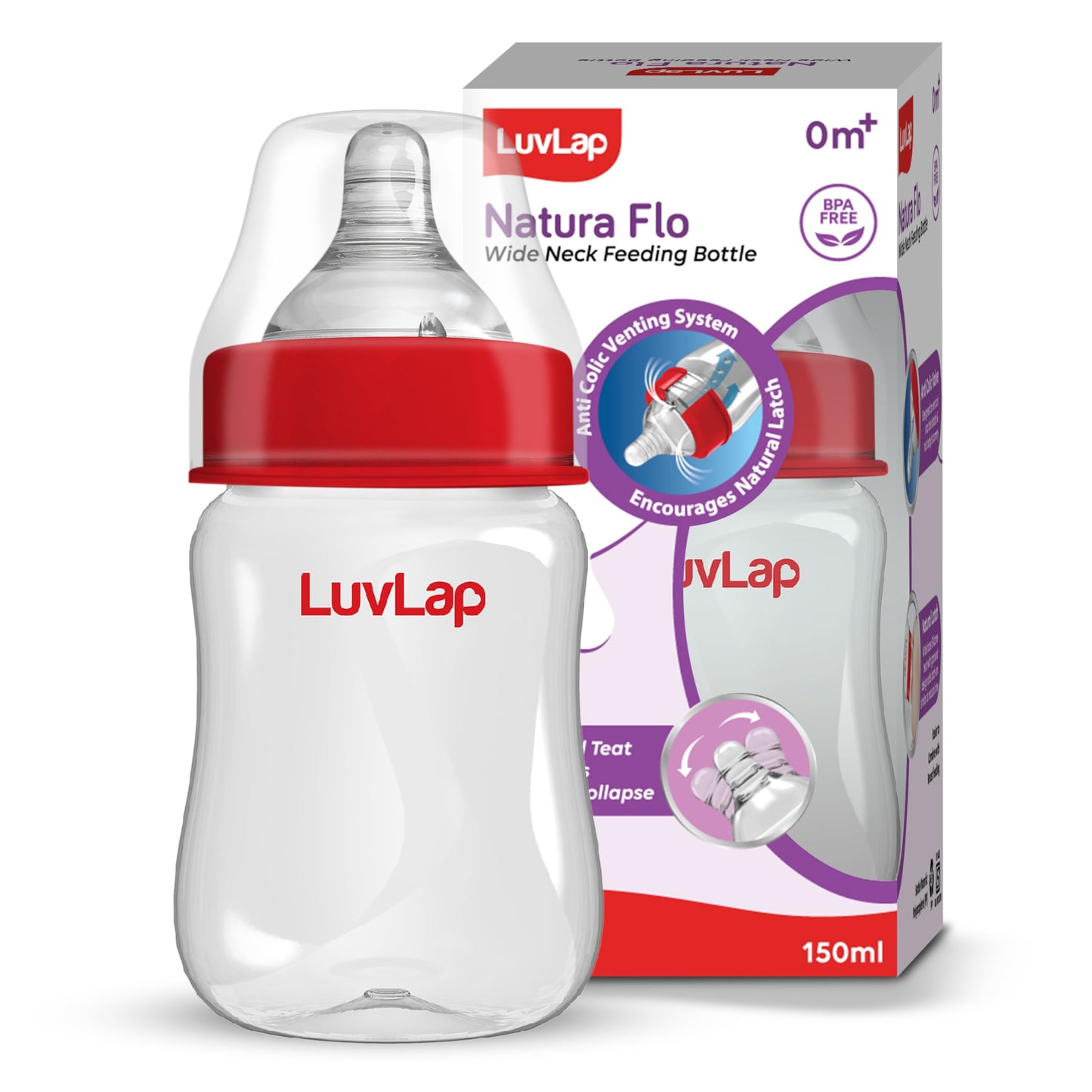 Luvlap AntiColic Wide Neck Natura Flo Baby Plastic Feeding Bottle, 150Ml, New Born/Infants/Toddler Upto 3 Years, Bpa Free