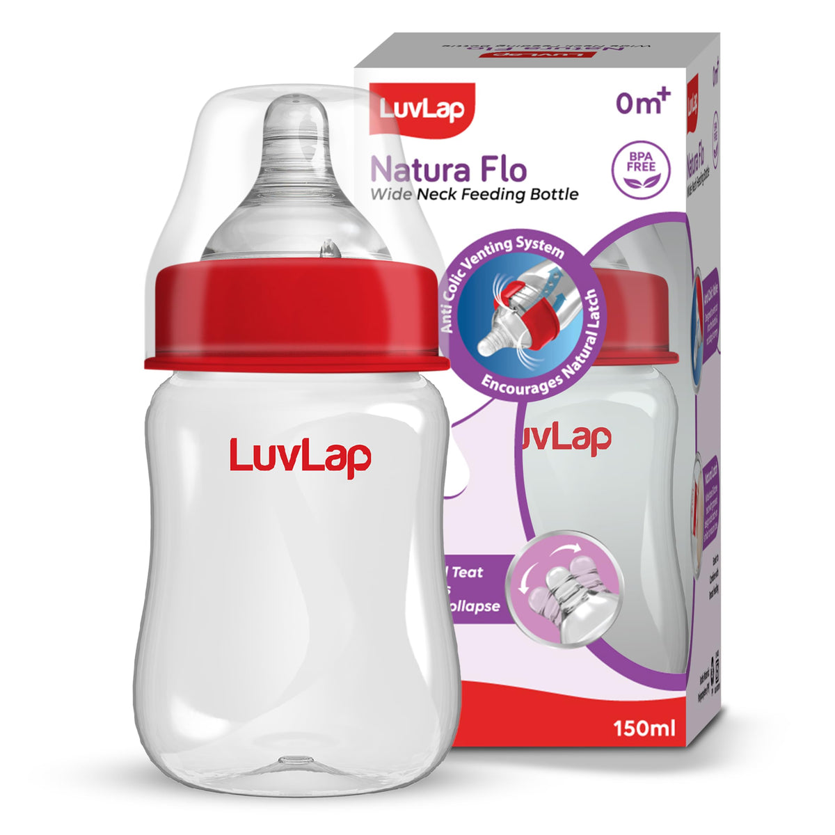 Luvlap AntiColic Wide Neck Natura Flo Baby Plastic Feeding Bottle, 150Ml, New Born/Infants/Toddler Upto 3 Years, Bpa Free