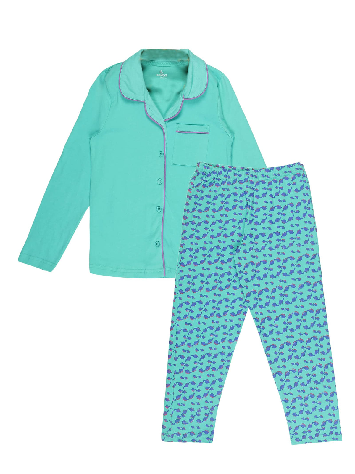 KiddoPanti Girls Front Open Shirt & AOP Pyjama Set, Green, 34Y