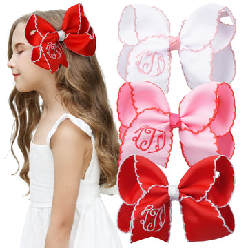 Deeka 3Pcs Initial Hair Bows 5.5' Monogrammed Moonstitch Handmade Girl Bows Grosgrain Ribbon Alligator Clips Personalized Hair