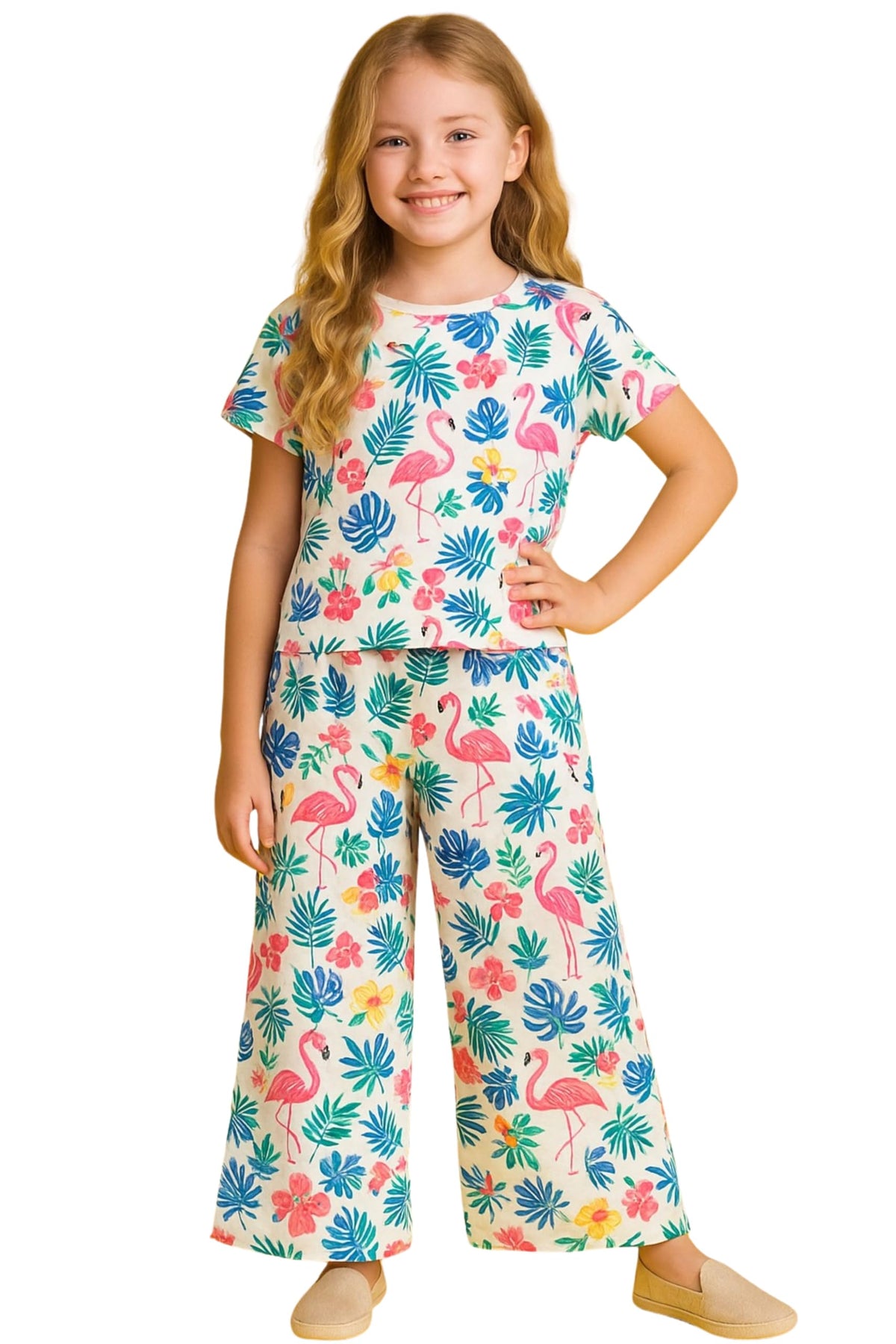 TotzTouch Girls Flamingo & Tropical Leaf Printed Pyjama Set | Cozy, Stylish Sleepwear for Kids Age 11 Years  12 Years White Fla