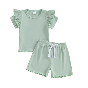 Kupretty Toddlers Baby Girls Summer Clothes Set Ruffle Ribbed Knit Short Sleeves T-Shirt Tops Shorts Comfy Outfits (A Green, 3-4