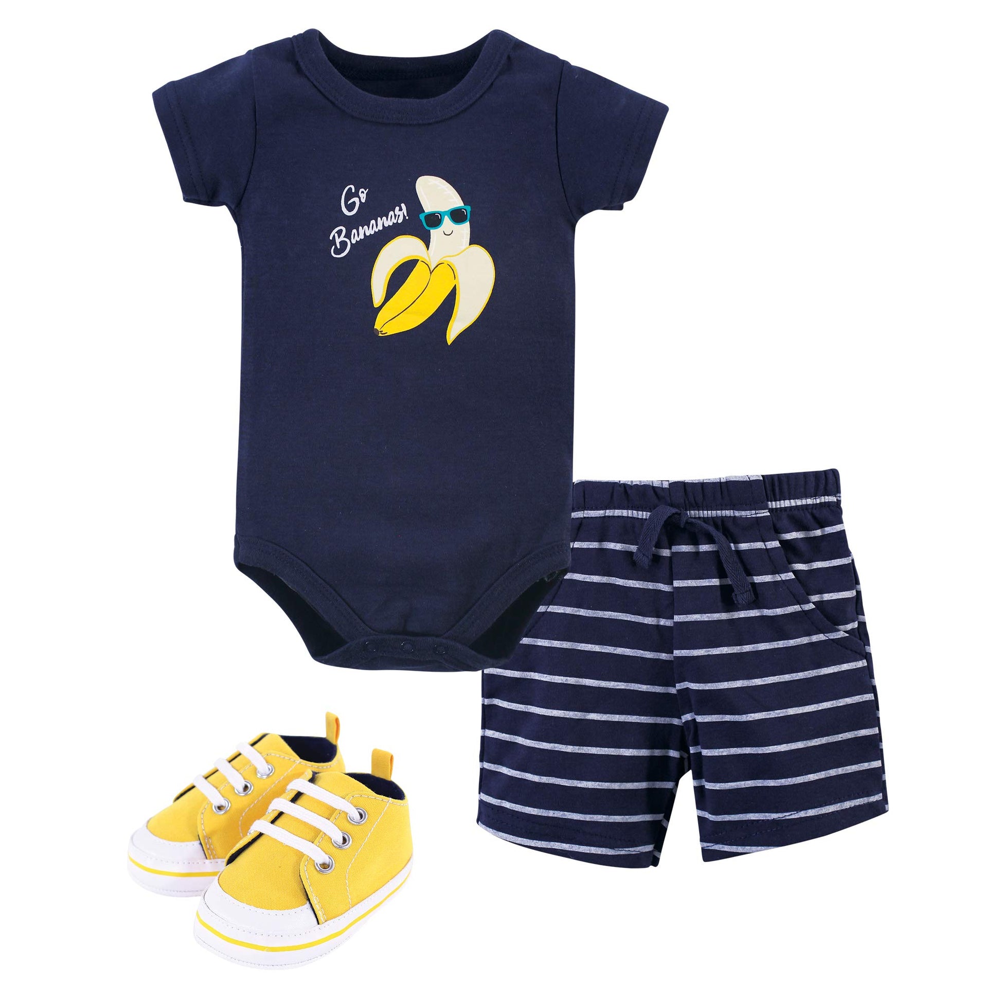 Hudson Baby Unisex Baby Cotton Bodysuit, Shorts And Shoe Set, Go Bananas, 9-12 Months