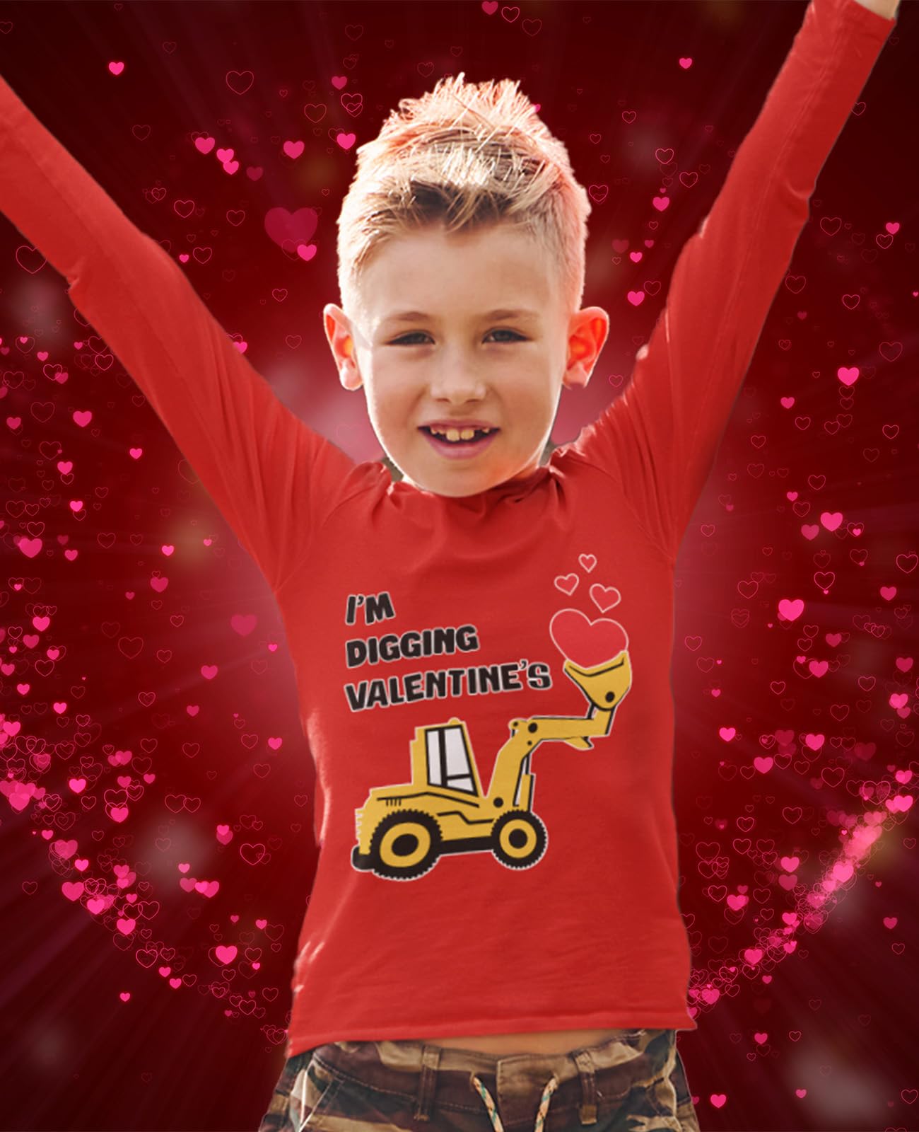 Tractor & Digger Toddler Boys Valentines Shirt Heart Dab Funny Valentine'S Day Kids Long Sleeve T-Shirt For Toddlers 3T Red