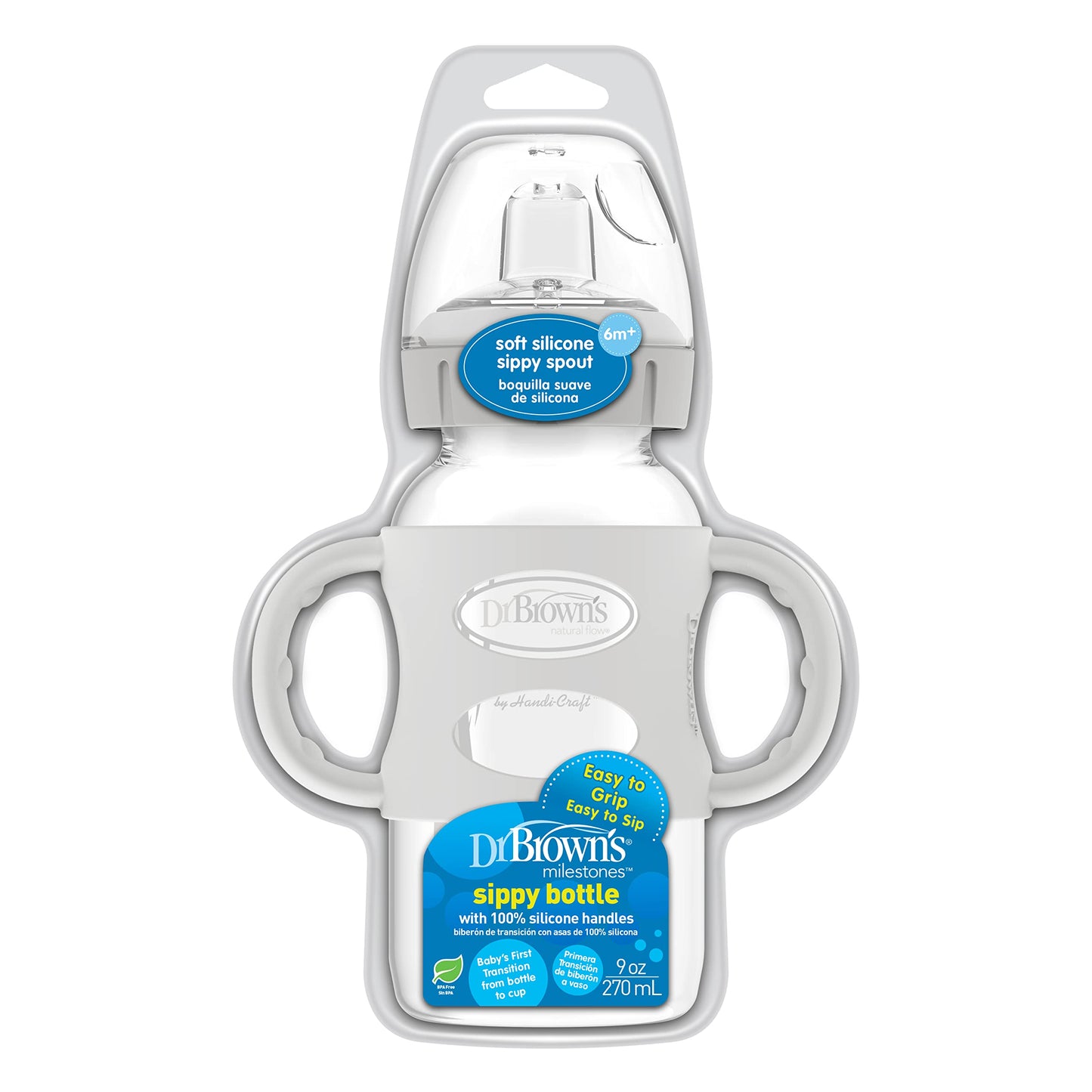 Dr. Brown'S Milestones Wide-Neck Sippy Bottle With 100% Silicone Handles,Easy-Grip Bottle With Soft Sippy Spout,9Oz/270Ml,Bpa Fr