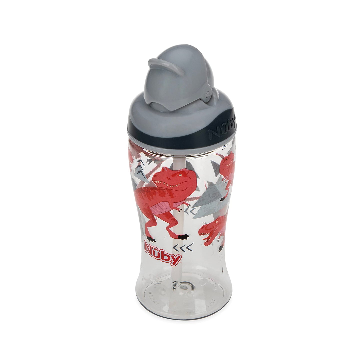 Nuby Thirsty Kids No Spill Flip-It Boost Tritan Travel Cup With Soft Silicone Straw, 12 Oz, T-Rex