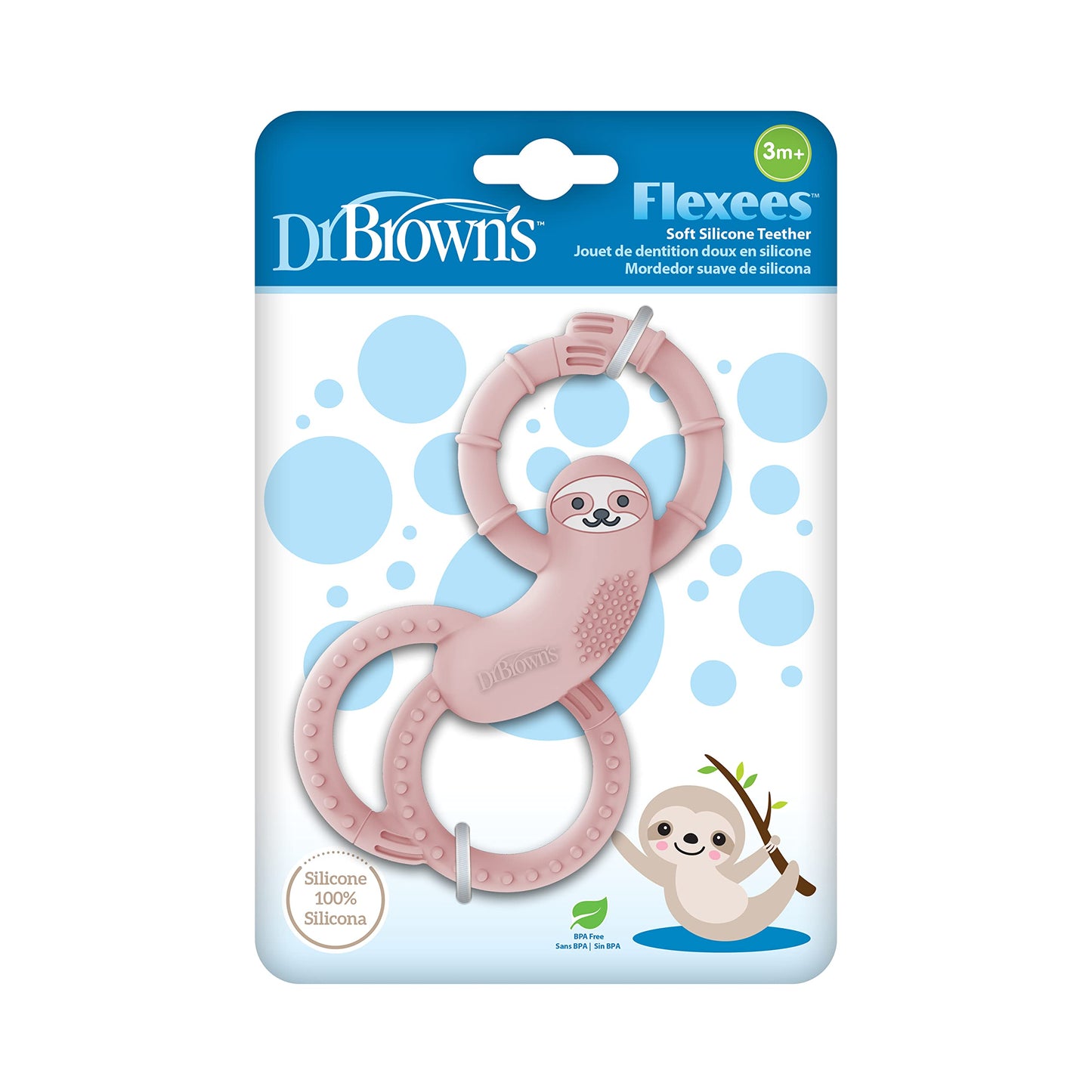 Dr. Browns Flexees Pink Sloth, Soft 100% Silicone Baby Teether, BPA Free, 3m+