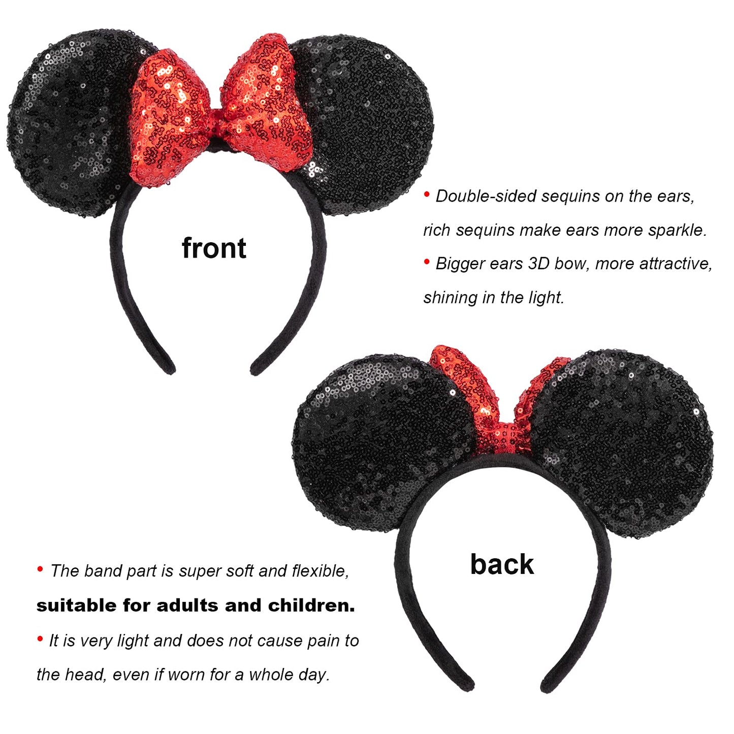 Chuangqi Mouse Ears Shiny Headband 3D Bow (Pack Of 2), Double-Sided Sequins Hair Band For Birthday Party Holiday Dress Up, Amuse