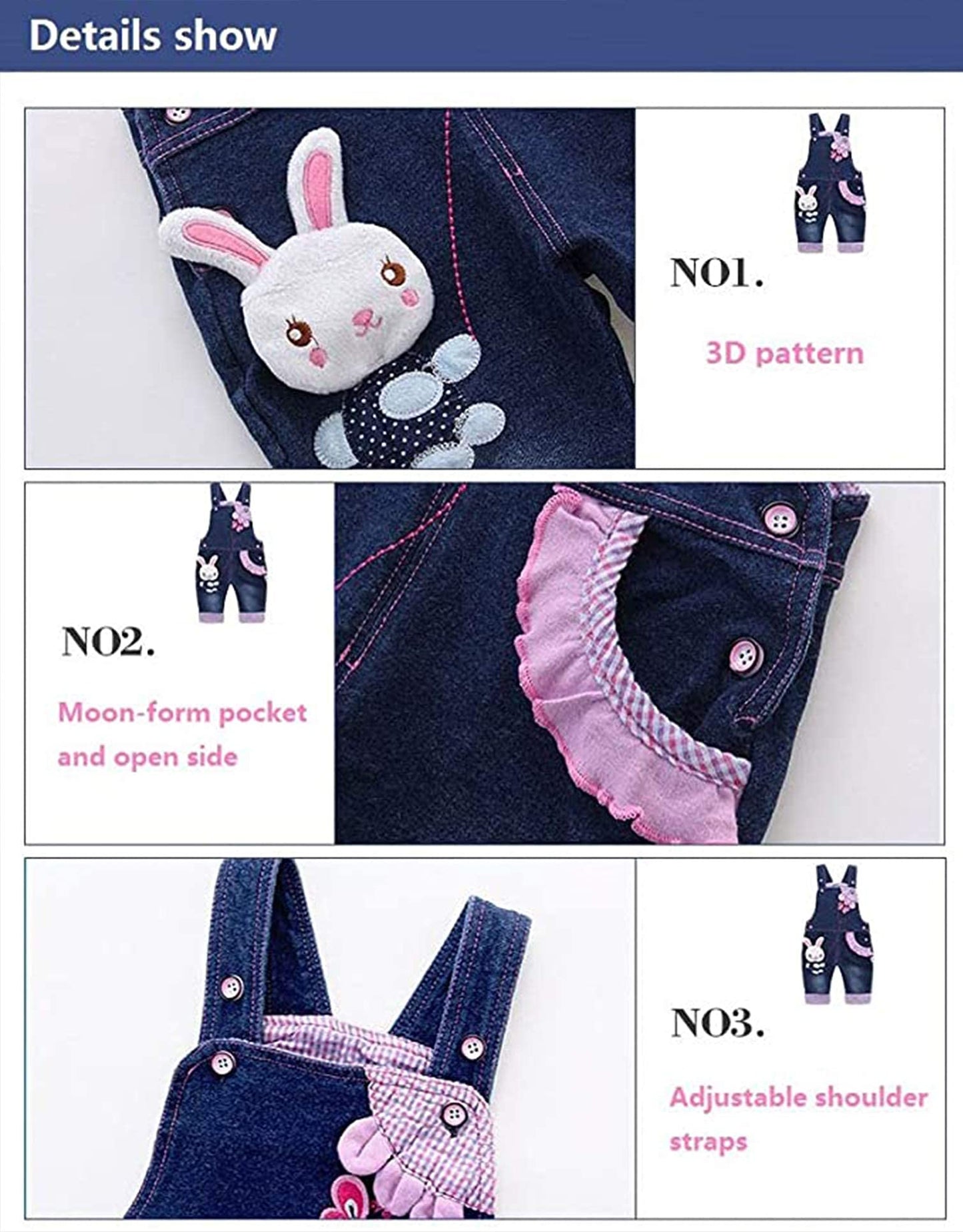 Kidscool Space Baby Girl Jean Overalls,Toddler Denim Cute 3D Bunny Outfit,Blue,6-12 Months