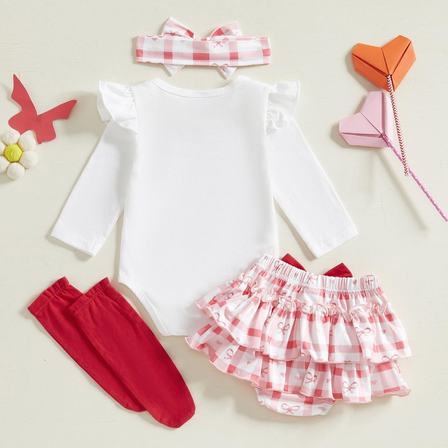 Fybitbo First Valentines Day Baby Girl Outfit Heart Letter Romper Ruffle Tutu Skirt Dress Newborn Infant Girl Clothes Set (White