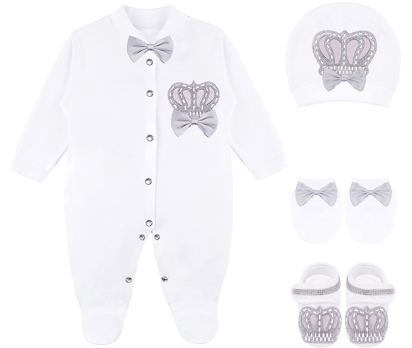 Lilax Baby Boy Jewels Crown Layette 4 Piece Gift Set 0-3 Months Gray
