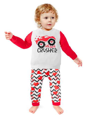 Dakeik Toddler Boy Valentines Day Outfit 3T-4T Boys Valentines Day Outfit All Terrain Vehicle Heart Crusher Print Long Sleeve To