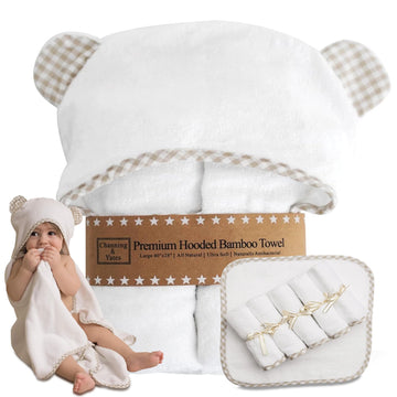 Channing & Yates Premium Boutique Hooded Baby Towels And 6 Washcloth Set - Organic Viscose Made From Bamboo Baby Towel With Hood