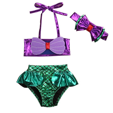 3Pcs/Set Kids Toddler Baby Girl Mermaid Swimsuits Halter Swimwear Bikini Set With Headband (Purple+Green, 100/2-3 Years)