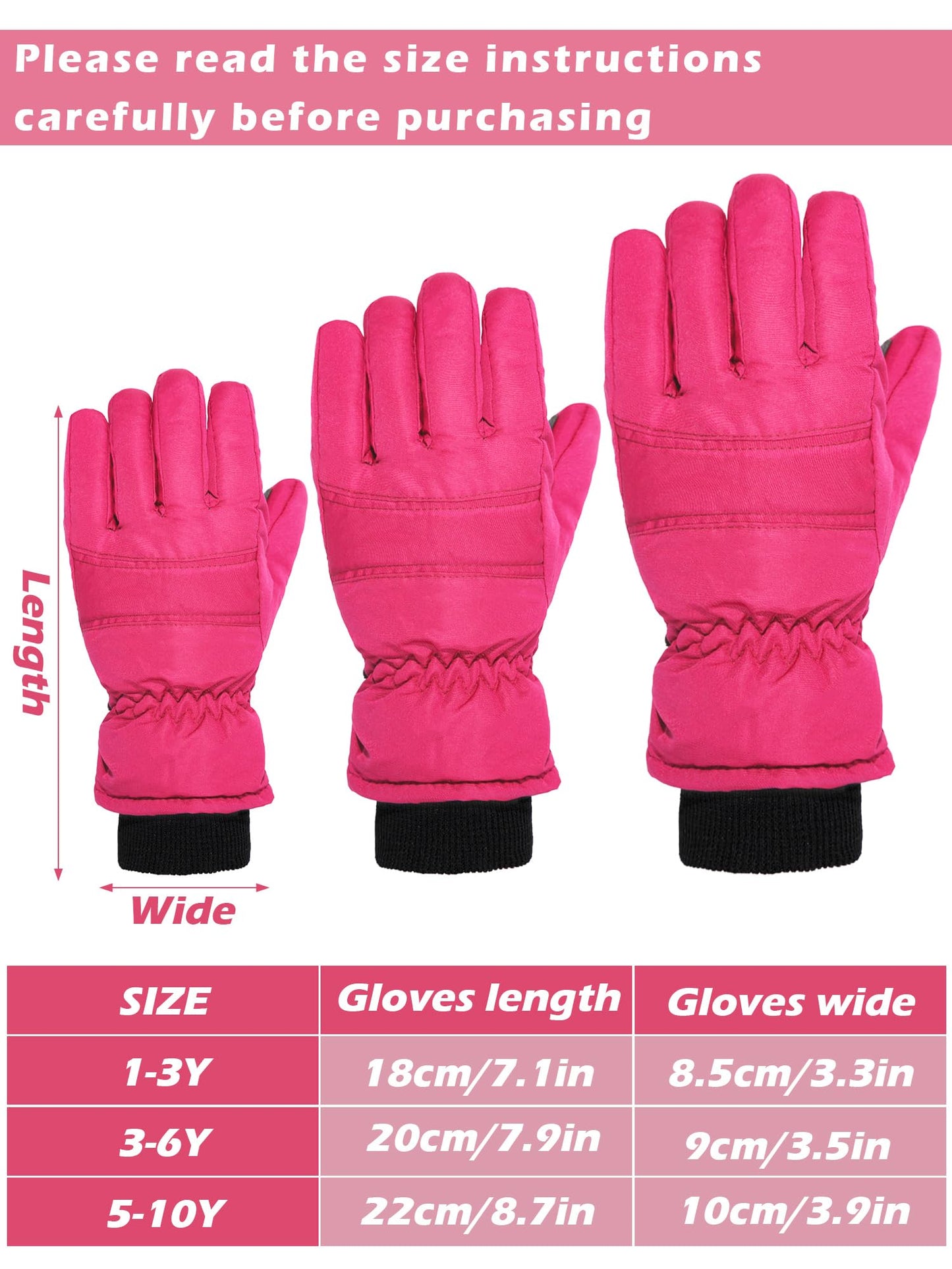 Boao 2 Pairs Kids Winter Ski Gloves Waterproof Warm Snow Mittens Full Finger Gloves For Toddlers Infants (Violet, Rose Red, 1-3