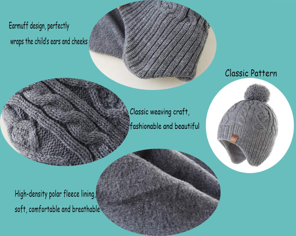 Moon Kitty Baby Hats For Boys And Girls - Upgrade Soft Pompom Fleece Lining Boys Winter Earflap Hat Gray
