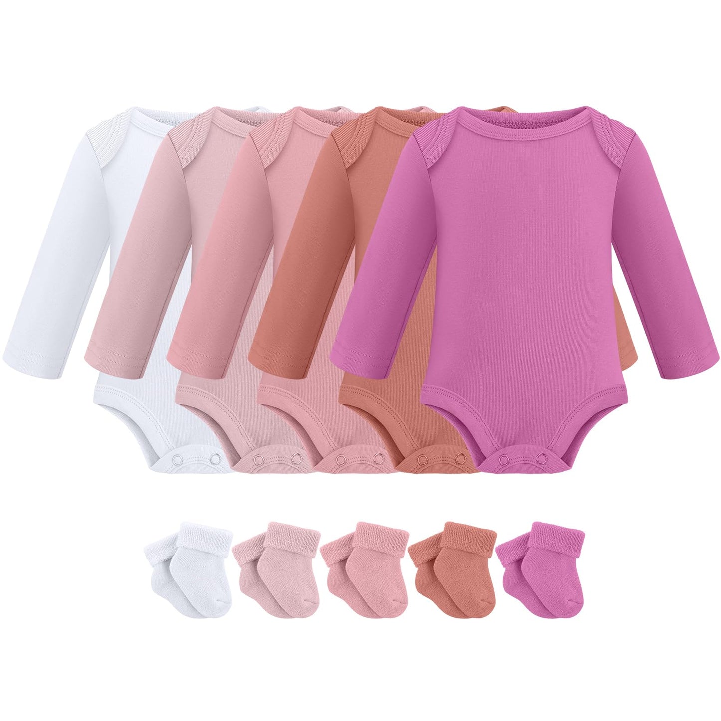 Glitopper 5 Pack Preemie Long Sleeve Bodysuit Preemie Layette Set Bodysuit Socks Set for Boys Girls NICU Gift(Classic,Pink)