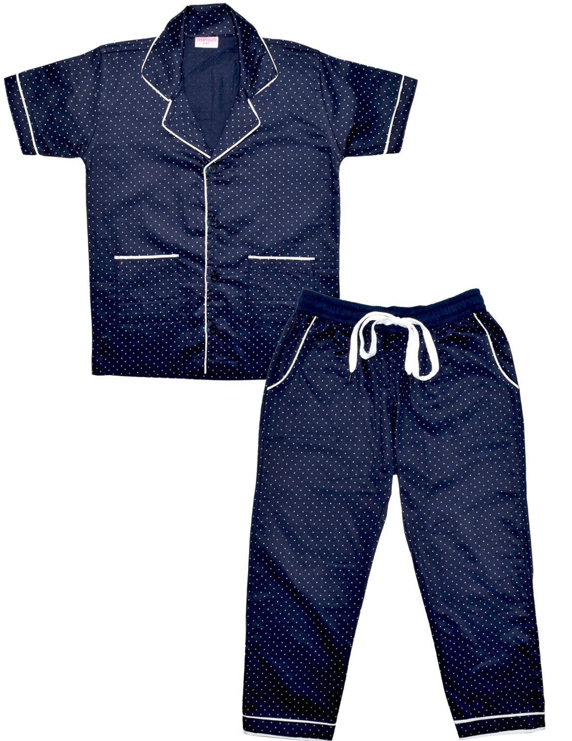 SHOPmOZO Unisex Pure Cotton Polka Dot Printed Short Sleeve Night Suit for Boys and Girls Pyjama Top Combo Set (SM00283UNISEXSWP