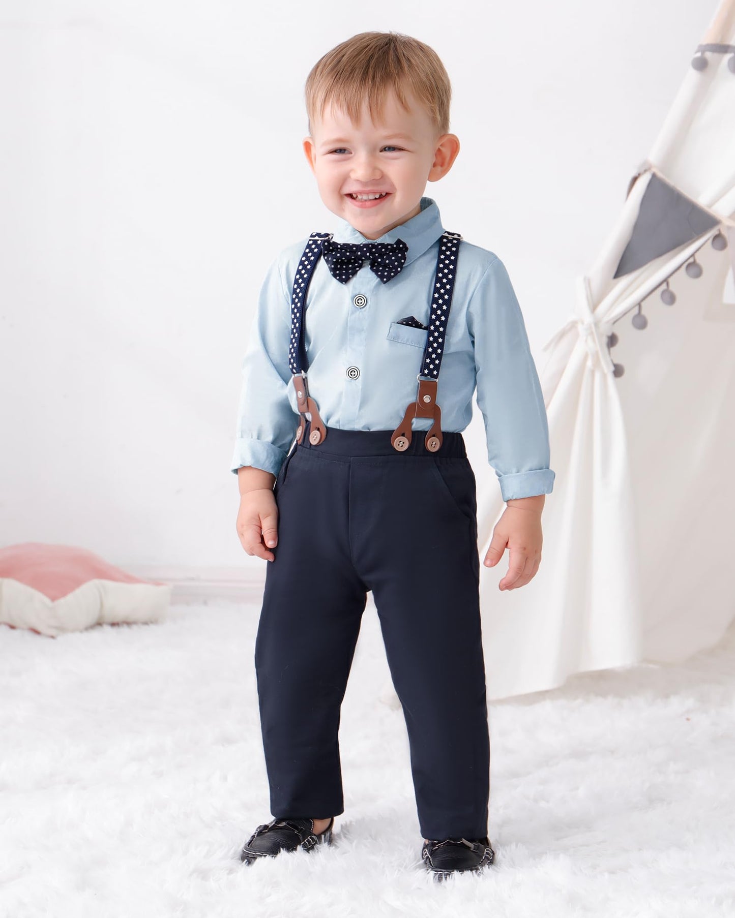 Yallet Toddler Baby Boy Clothes Suit Gentleman Outfits Formal Dress Shirt + Bowtie + Suspender Pants Wedding Party(L Sky Blue, 2