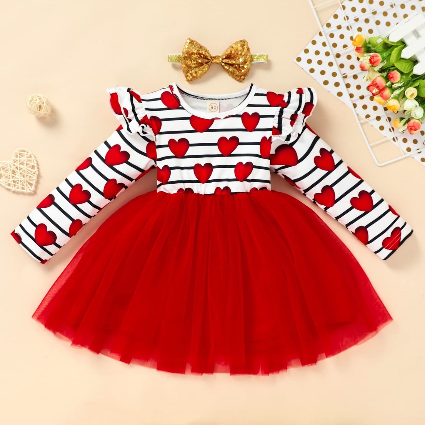 Baby Girls Valentine'S Day Outfits Long Sleeve Stripe Heart Print Tutu Skirts Ruffle Dress Toddler Girl Clothes(Red,1-2T)