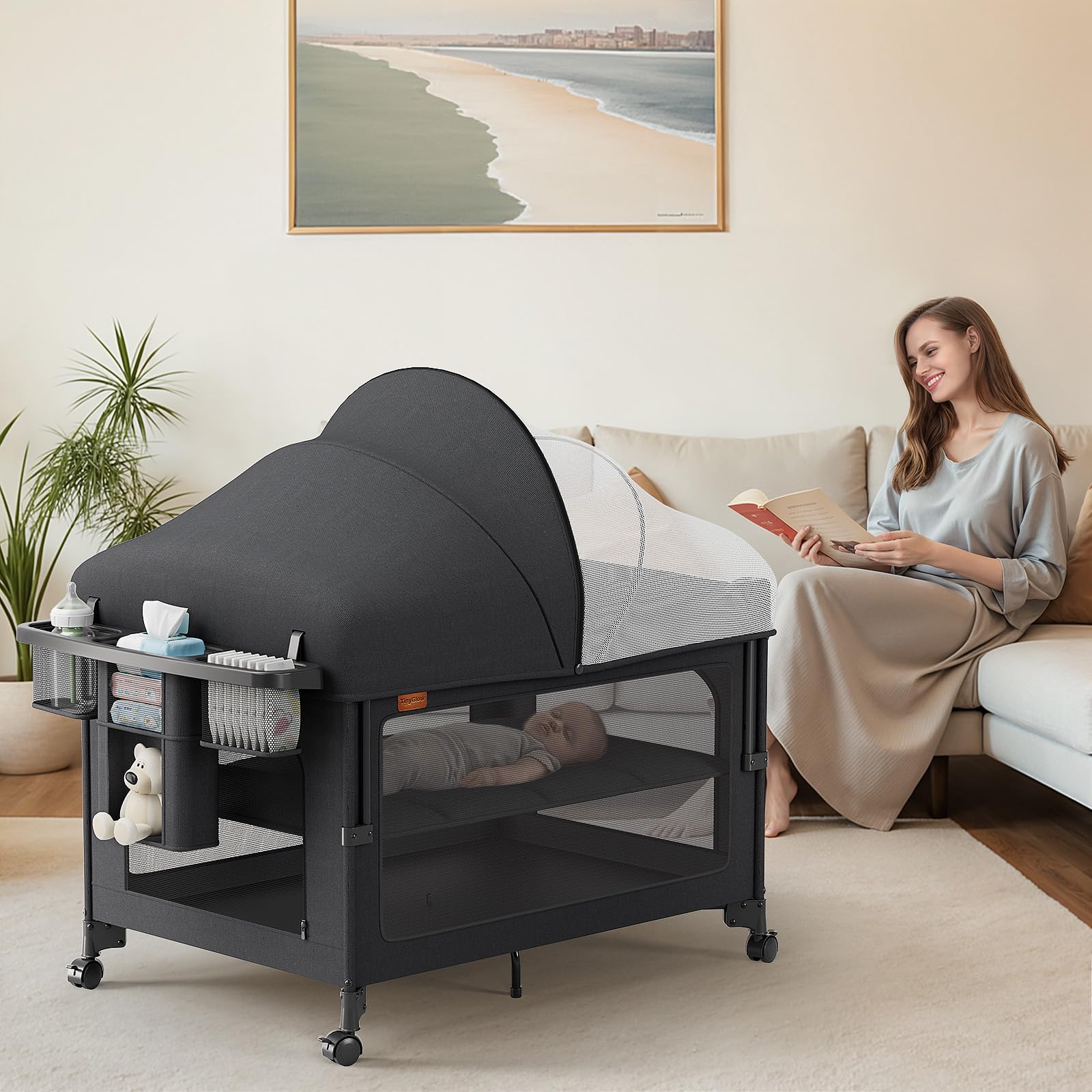 Tinyglow 4 In 1 Baby Bassinet, Pack And Play, Bedside Crib Sleeper, Diaper Changer, Quickly Assembled And Folded Portable Crib W