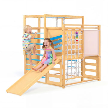 Jungle Gym with Slide, Rock Wall, Wood & Rope Ladder, Monkey Bars, Gym Rings