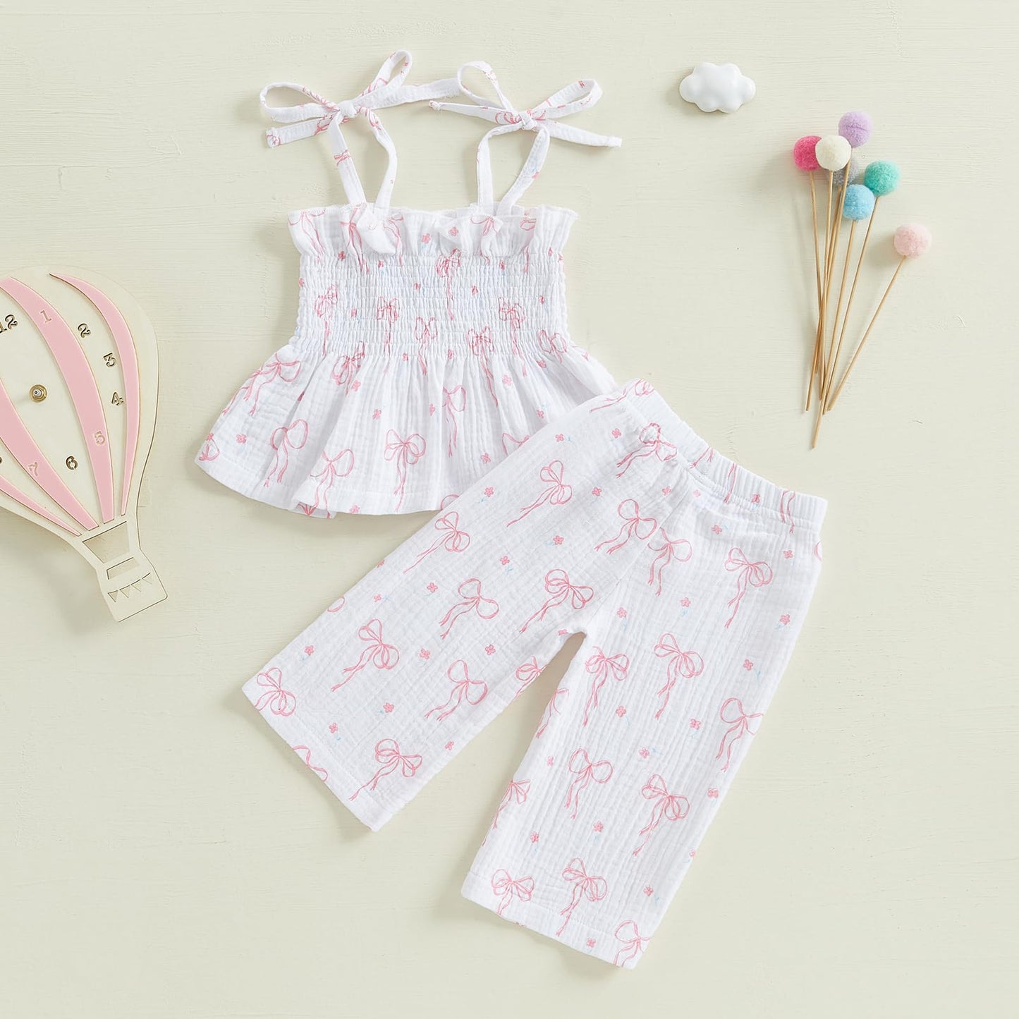 Visgogo Valentines Day Baby Girl Outfits Sleeveless Smocked Strap Camisole Linen Pants Heart/Bow Baby Summe Clothes (Bow&Daisy,