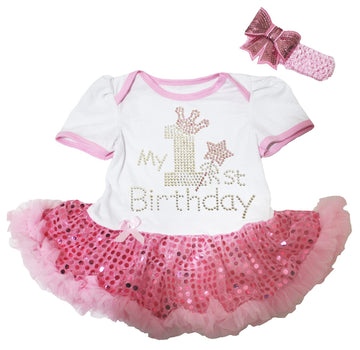 Petitebella Rhinestones My 1St Birthday Sequins Tutu Baby Dress Nb-18M (White/Pink, 6-12 Months)