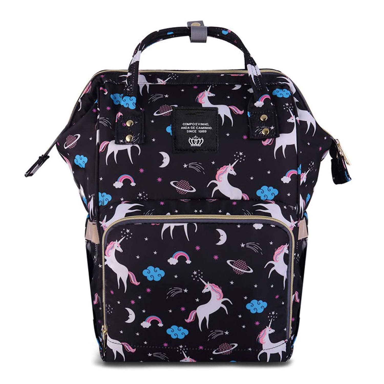 House Of Quirk Baby Diaper Bag Maternity Backpack (Black Unicorns)