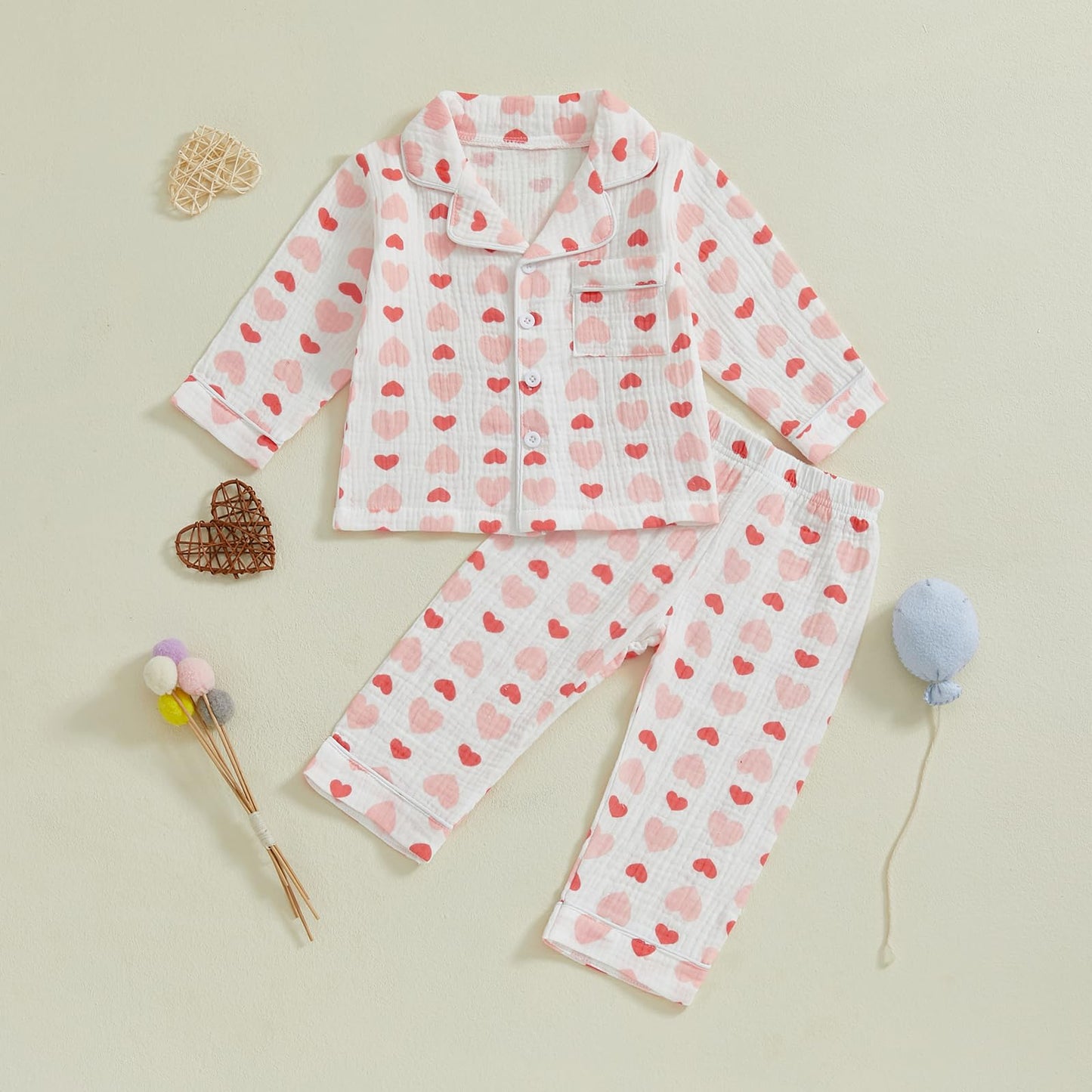 Nokpsedcb Toddler Boy Girl Valentines Pajamas Cute Heart Print Long Sleeves Shirt And Elastic Pants Loungewear Sleepwear (Pink H